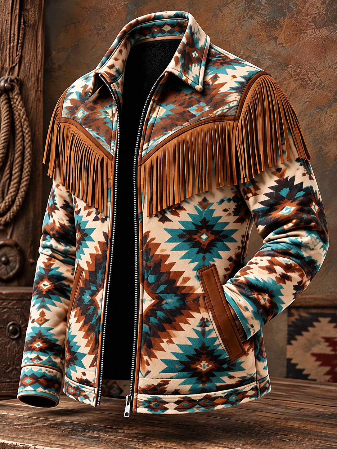 Men's Western Style Art Print Vintage Long Sleeve Fringe Jacket